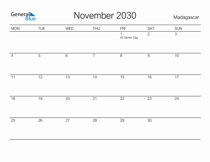 Printable November 2030 Calendar for Madagascar