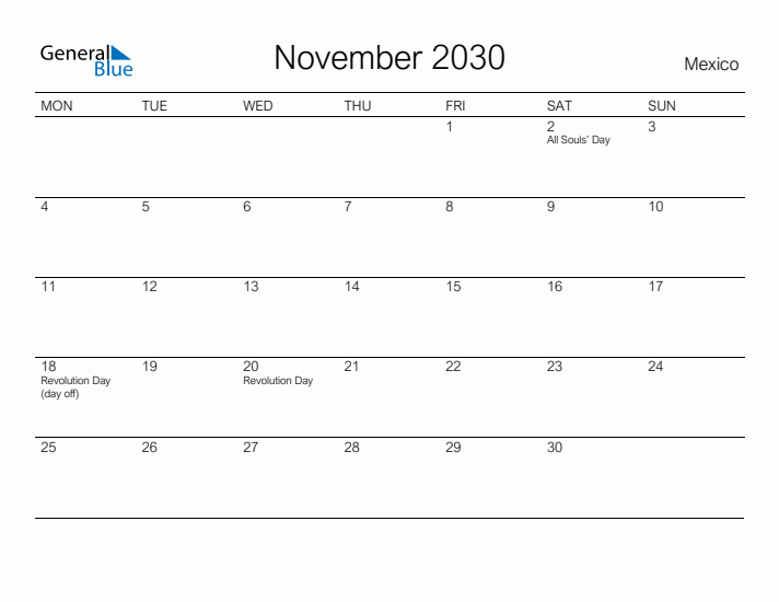 Printable November 2030 Calendar for Mexico