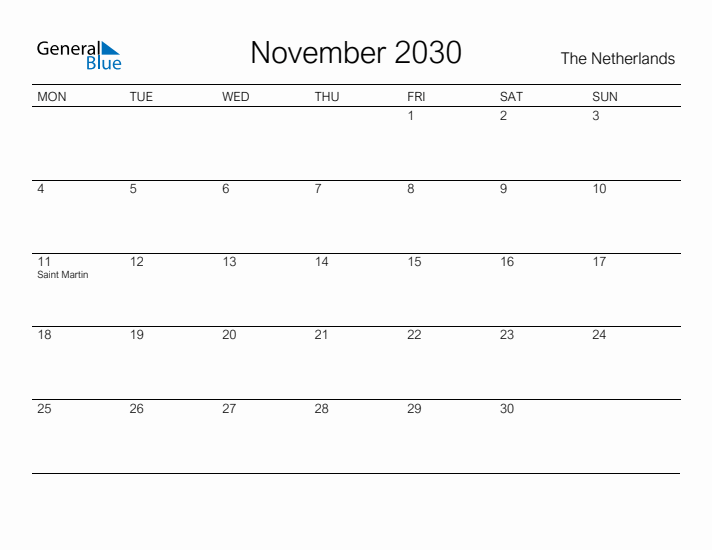 Printable November 2030 Calendar for The Netherlands