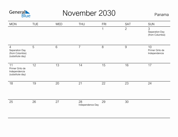 Printable November 2030 Calendar for Panama