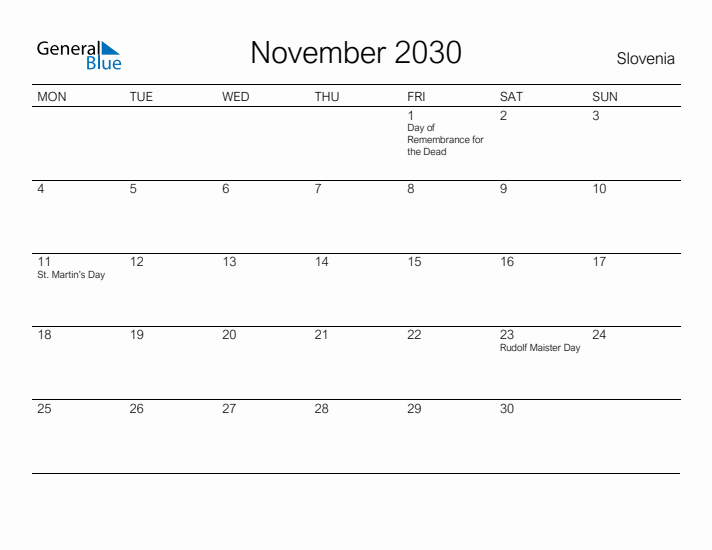 Printable November 2030 Calendar for Slovenia