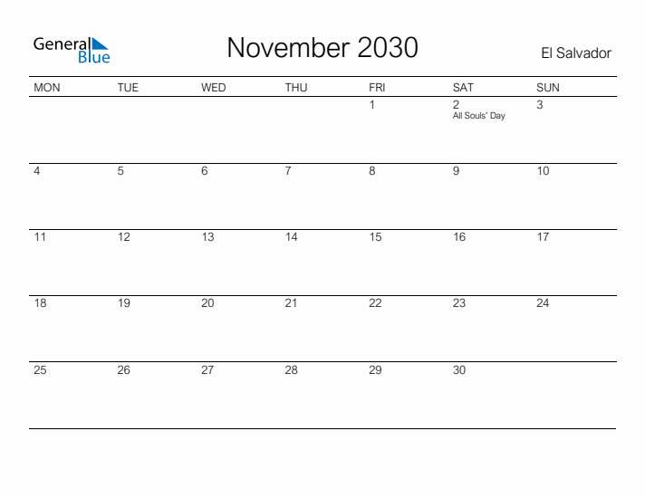 Printable November 2030 Calendar for El Salvador