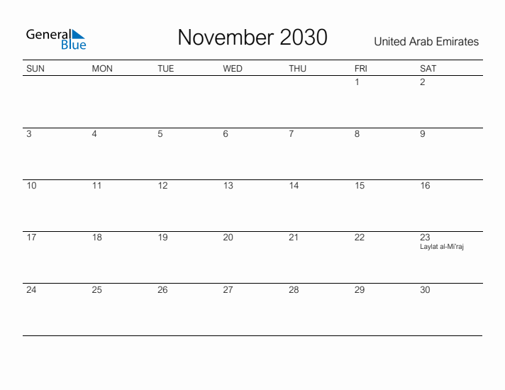 Printable November 2030 Calendar for United Arab Emirates