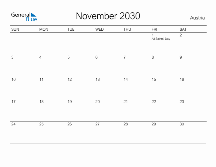 Printable November 2030 Calendar for Austria