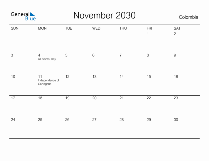 Printable November 2030 Calendar for Colombia