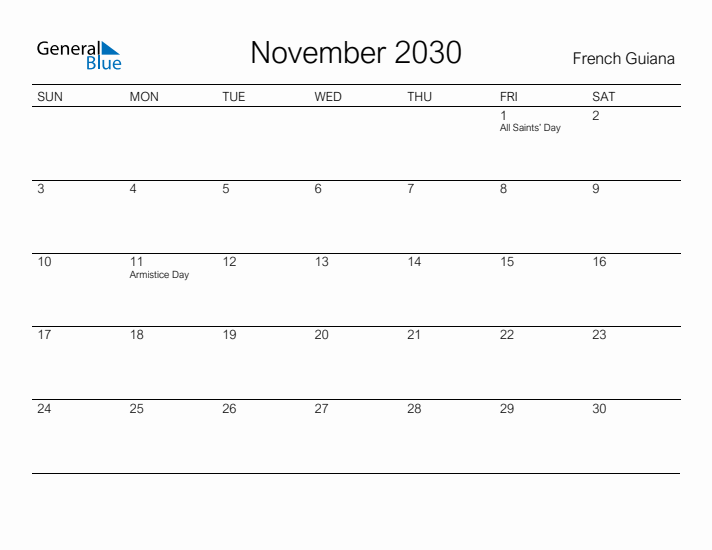 Printable November 2030 Calendar for French Guiana