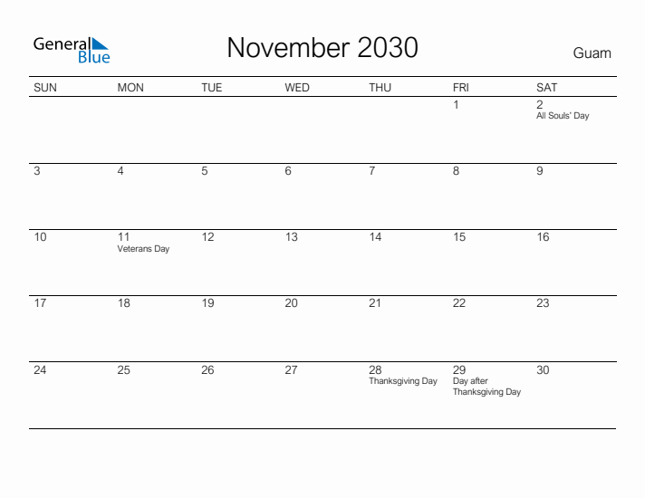 Printable November 2030 Calendar for Guam