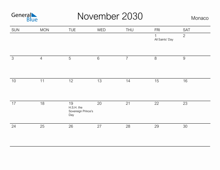 Printable November 2030 Calendar for Monaco