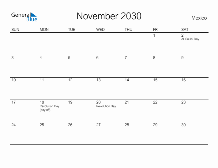 Printable November 2030 Calendar for Mexico