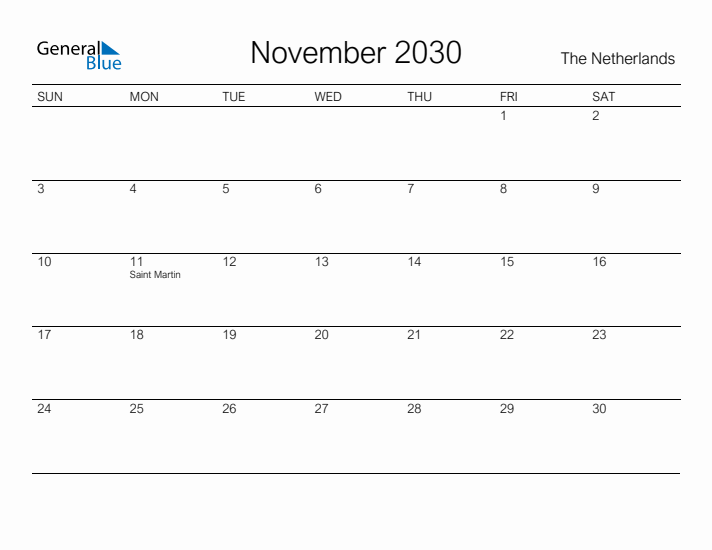 Printable November 2030 Calendar for The Netherlands