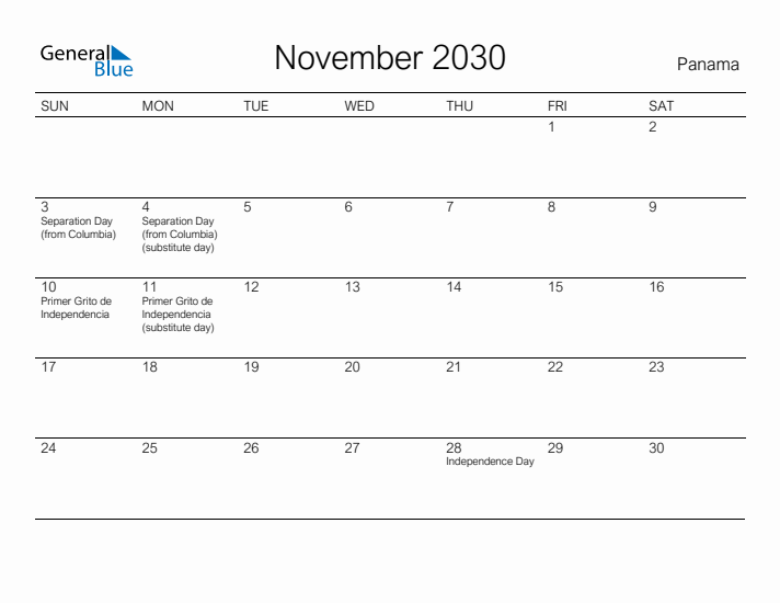 Printable November 2030 Calendar for Panama