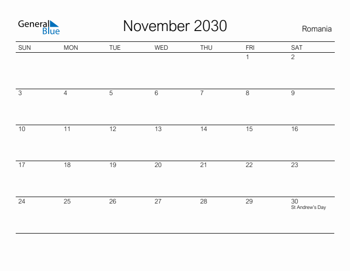 Printable November 2030 Calendar for Romania