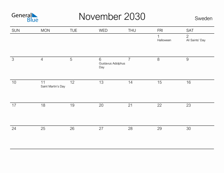 Printable November 2030 Calendar for Sweden