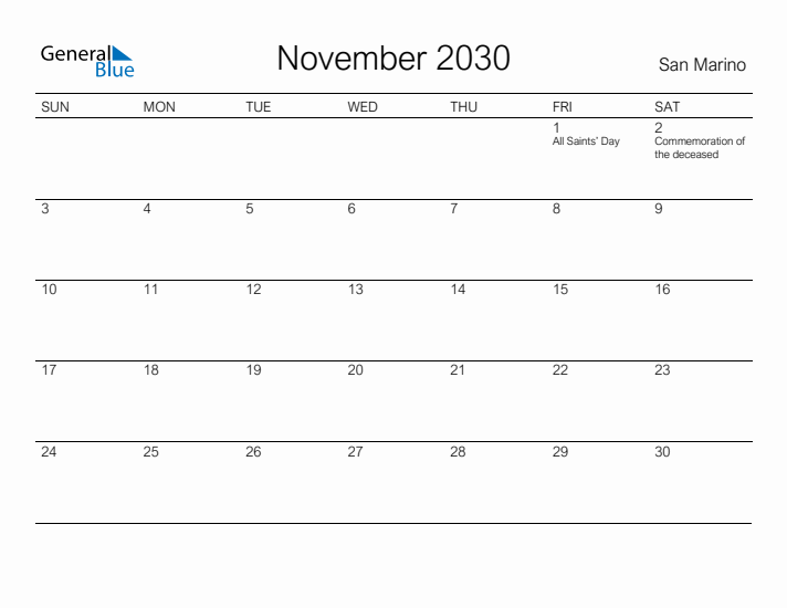 Printable November 2030 Calendar for San Marino