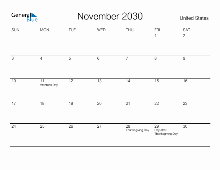 Printable November 2030 Calendar for United States