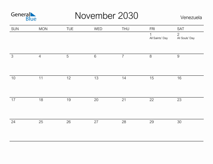 Printable November 2030 Calendar for Venezuela