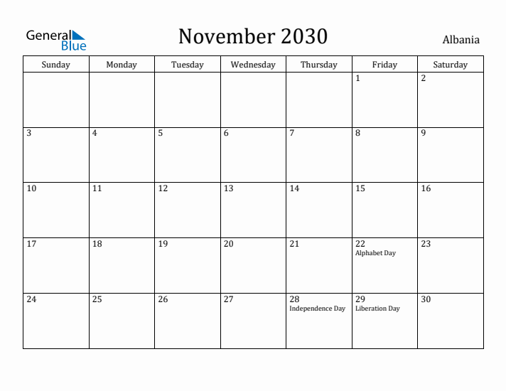 November 2030 Calendar Albania
