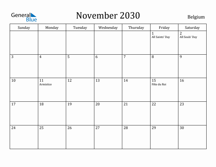 November 2030 Calendar Belgium