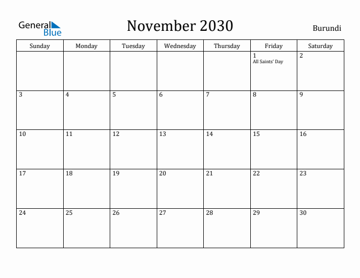 November 2030 Calendar Burundi