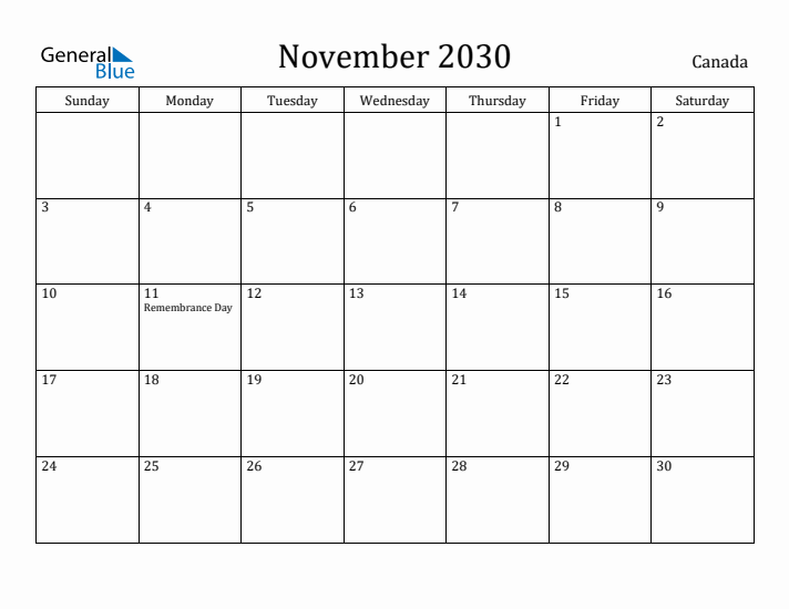 November 2030 Calendar Canada