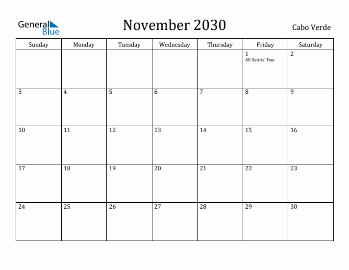 November 2030 Calendar Cabo Verde