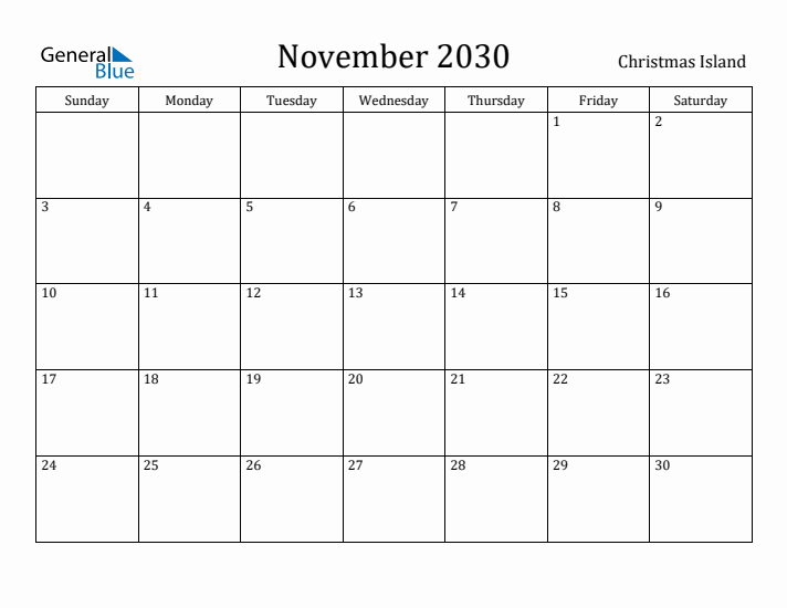 November 2030 Calendar Christmas Island