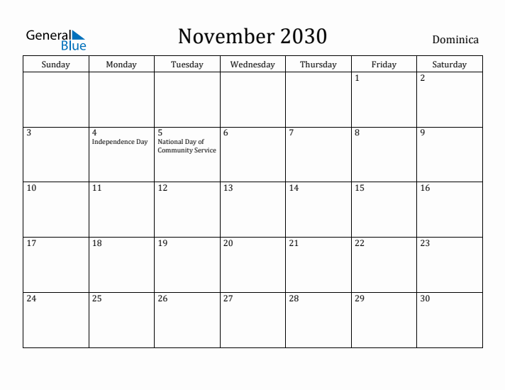 November 2030 Calendar Dominica