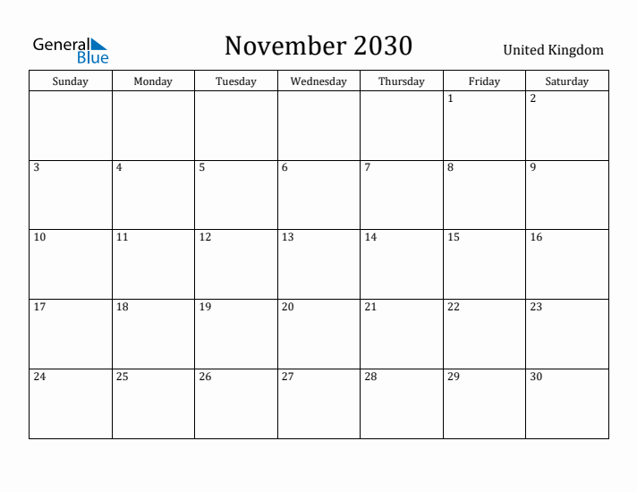 November 2030 Calendar United Kingdom
