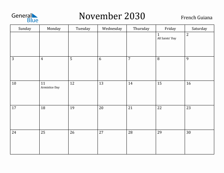 November 2030 Calendar French Guiana