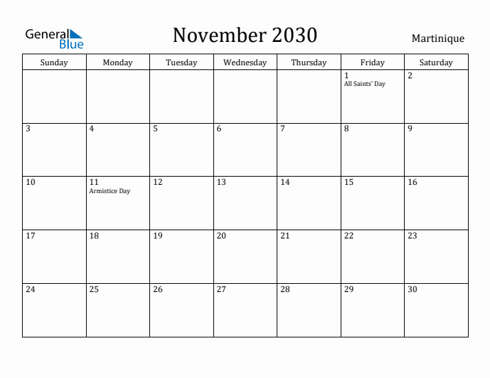 November 2030 Calendar Martinique