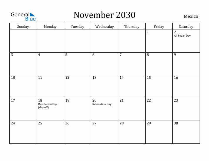 November 2030 Calendar Mexico