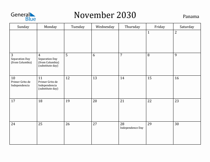November 2030 Calendar Panama