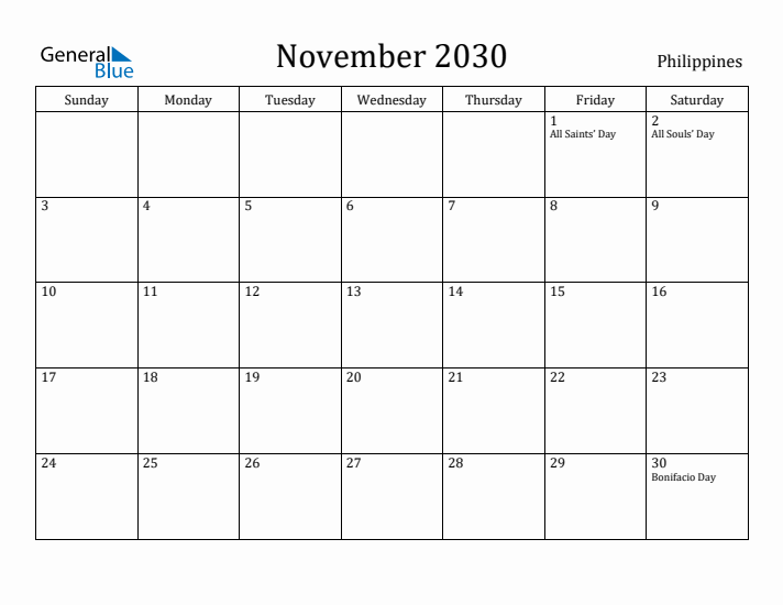 November 2030 Calendar Philippines