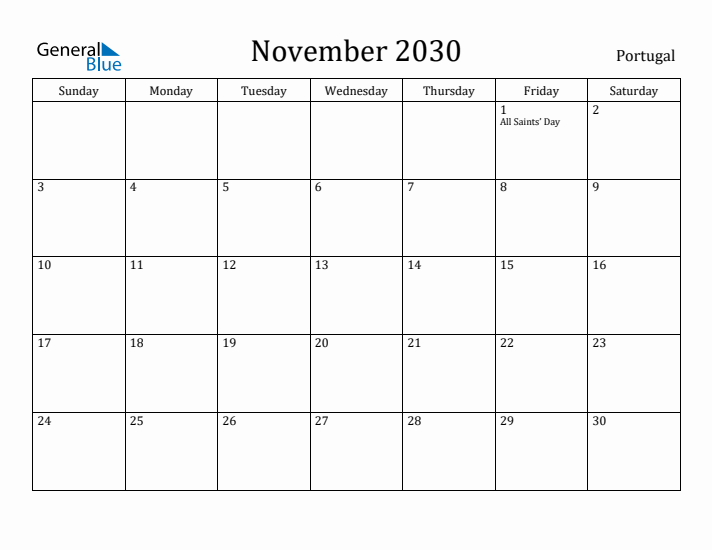 November 2030 Calendar Portugal
