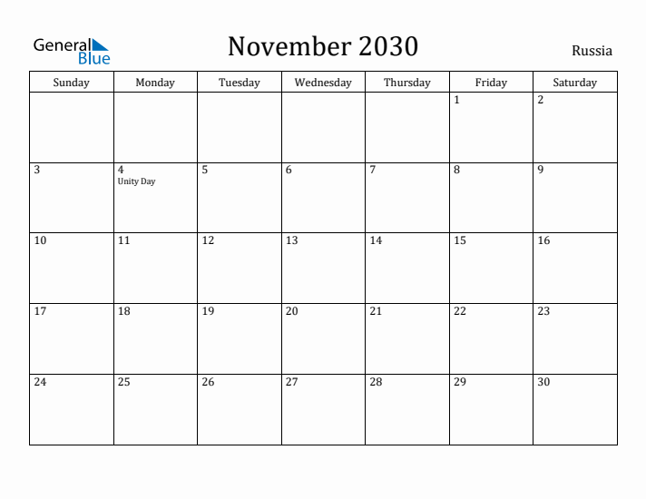 November 2030 Calendar Russia
