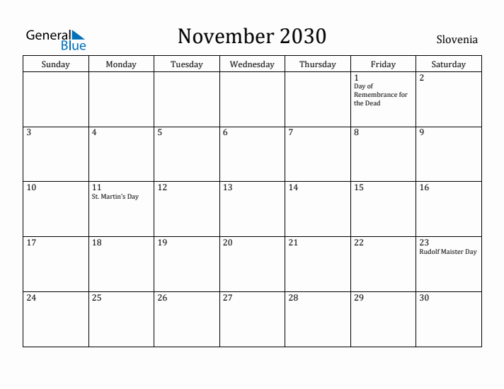 November 2030 Calendar Slovenia