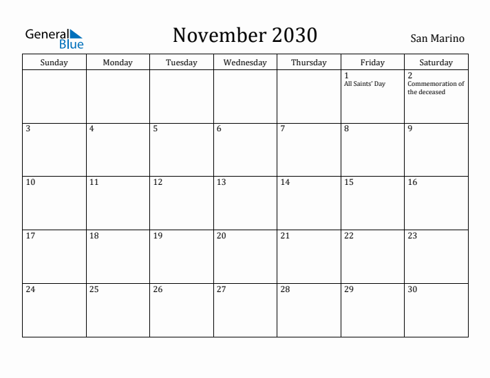 November 2030 Calendar San Marino