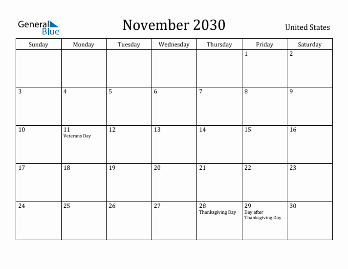 November 2030 Calendar United States