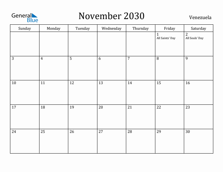 November 2030 Calendar Venezuela