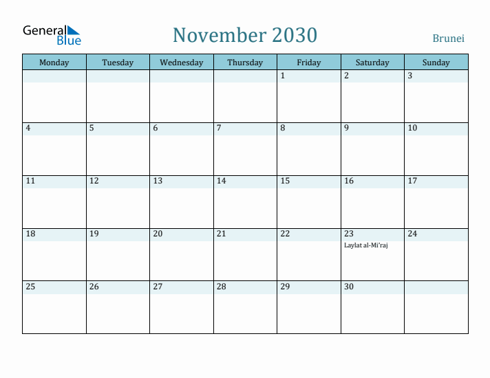 November 2030 Calendar with Holidays