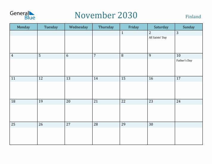 November 2030 Calendar with Holidays