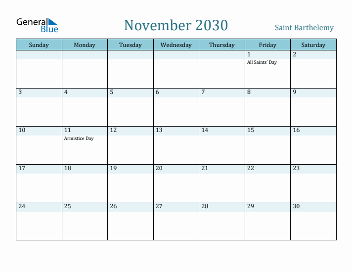 November 2030 Calendar with Holidays