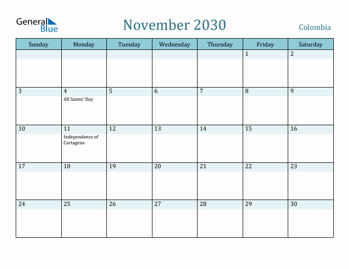 November 2030 Calendar with Holidays