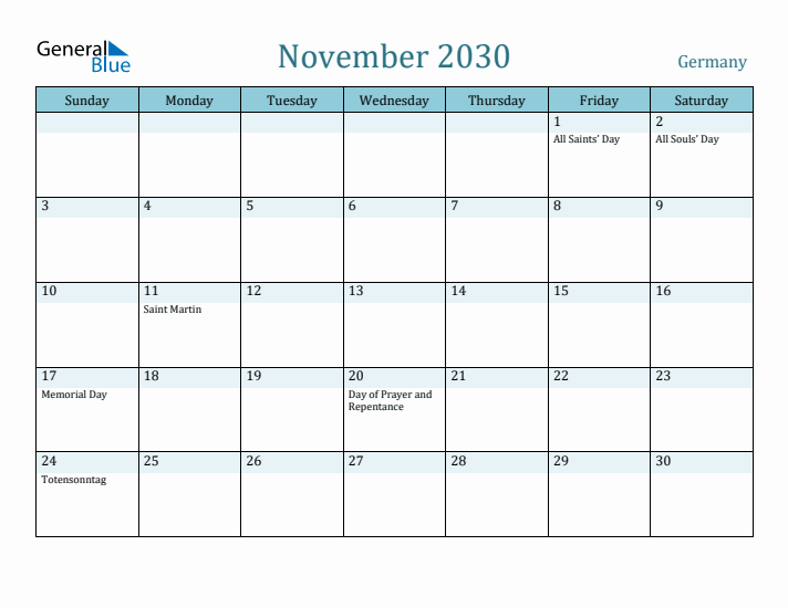 November 2030 Calendar with Holidays