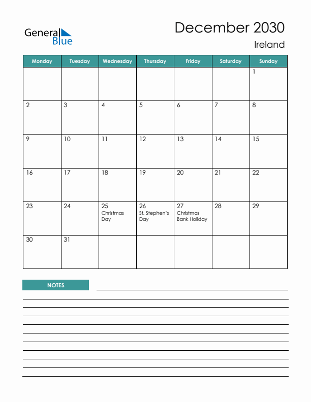 Calendar with Notes Printable - Monday Start