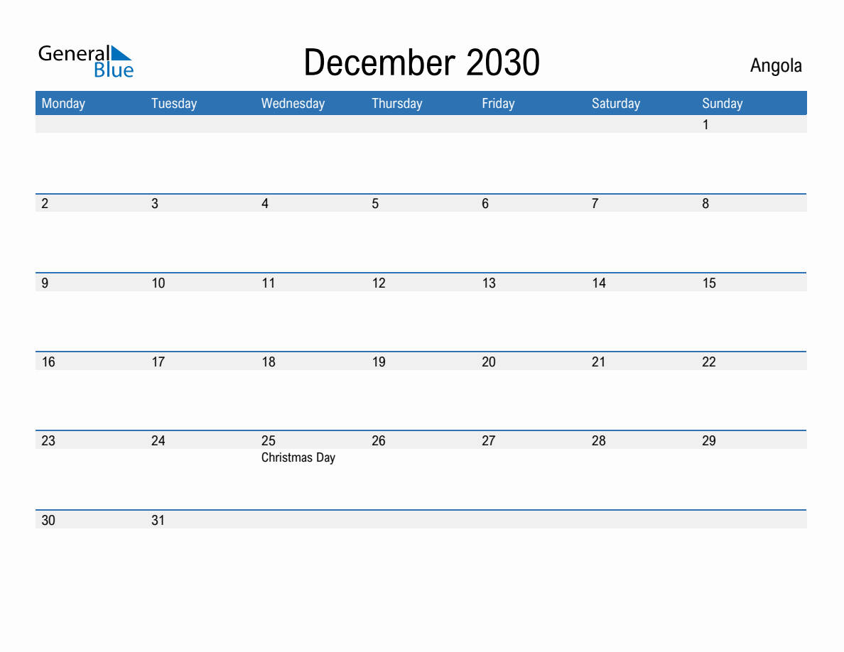 Editable December 2030 Calendar with Angola Holidays