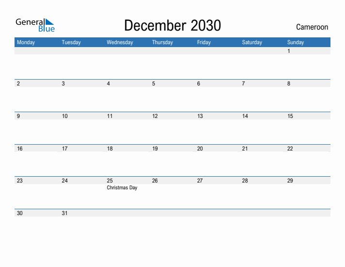 Fillable December 2030 Calendar