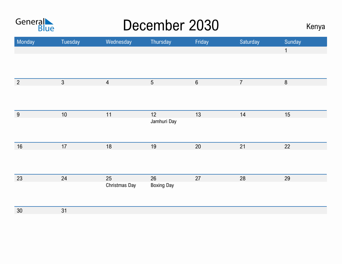 Editable December 2030 Calendar with Kenya Holidays