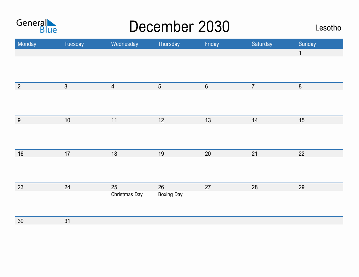 Editable December 2030 Calendar with Lesotho Holidays