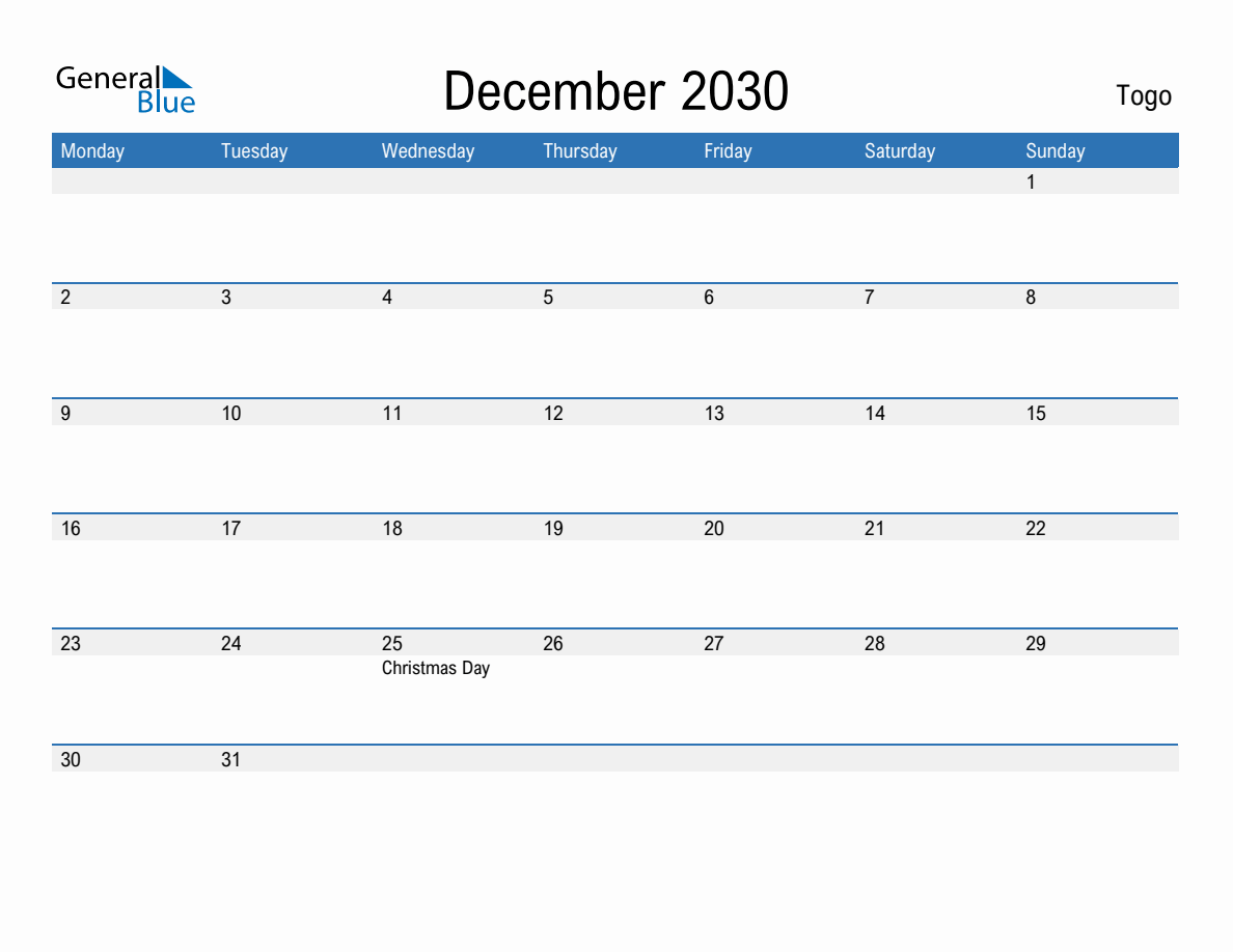 Editable December 2030 Calendar with Togo Holidays